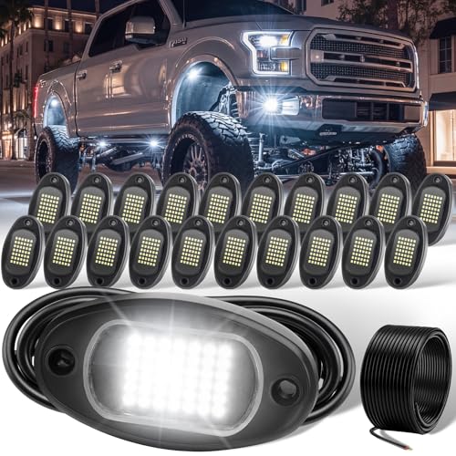 YONEDA 20 Pods White Rock Lights 6000K 42LED Bright LED Underglow Lights IP68 Waterproof for Trucks SUV UTV ATV RZR Car Boats Pickup Motorcycle with 39.37ft Extension Wire - color: White 42LED, size: 20 Pods