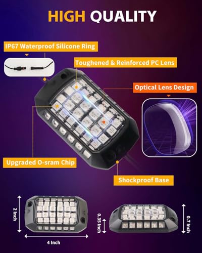 8 PCS RGB LED Rock Lights Kit, 27LED Wide Angle Wheel Well Light with Remote & App Dual Control, Multi Modes Underglow Neon Pod for Offroad Truck ATV UTV SUV
