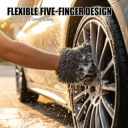 Microfiber Wash Mitt, 2-Pack Car Wash Gloves with 5-Finger Design, Scratch Free Chenille Wash Mitts for Car Washing, Ultra-Soft Detailing Kit for Wheel Tight Spot