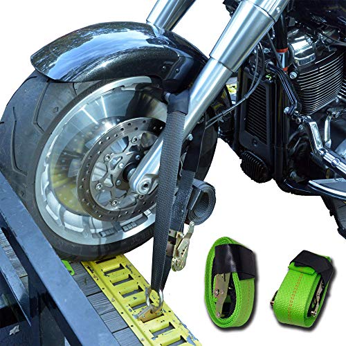 Motorcycle Tie Down Straps (2 Pack) - 10k lb Web Break Strength 2'' x 10' Super Heavy Duty Endless Tie Downs with Cordura & Ratchet Strap (Lime Green) - color: Lime Green