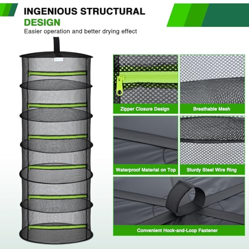Yesker 6 Layer Herb Drying Rack Hanging Mesh Net Foldable Plant Drying Racks 24" w Green Zipper Pruning Shears Hook Dryer Hanging Rack for Herbs Seed Bud Fruit Clothes Grow Tent Closets Garden Outdoor - size: 6 Layers Fluorescent Green & Black