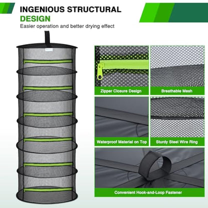 Yesker 6 Layer Herb Drying Rack Hanging Mesh Net Foldable Plant Drying Racks 24" w Green Zipper Pruning Shears Hook Dryer Hanging Rack for Herbs Seed Bud Fruit Clothes Grow Tent Closets Garden Outdoor - size: 6 Layers Fluorescent Green & Black