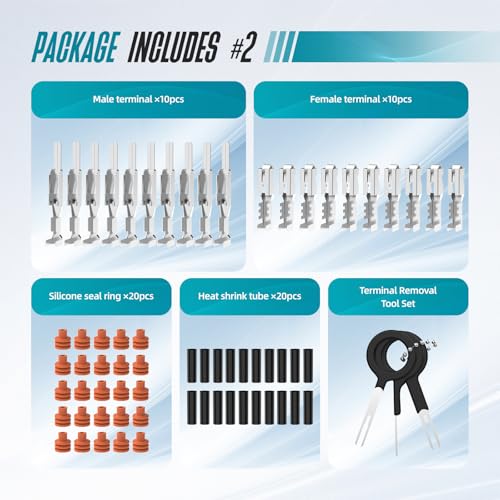 2 Pin Weather Pack Connectors Kit 5 Sets Automotive Waterproof Electrical Connectors with Blue Secondary Lock Sealed Male Female Terminals and Heat Shrink Tubing for 14-12 AWG - size: 2pin 5sets/14-12AWG