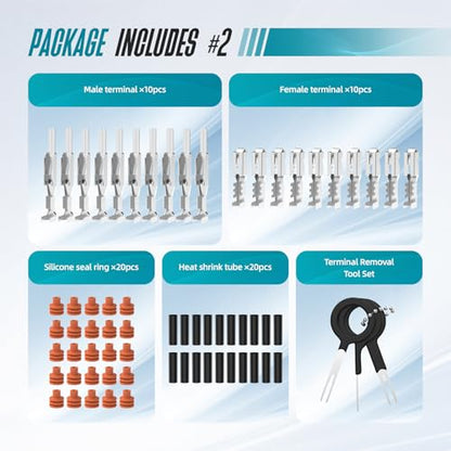 2 Pin Weather Pack Connectors Kit 5 Sets Automotive Waterproof Electrical Connectors with Blue Secondary Lock Sealed Male Female Terminals and Heat Shrink Tubing for 14-12 AWG - size: 2pin 5sets/14-12AWG
