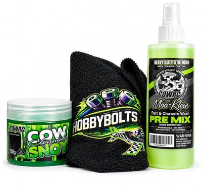 CowRC Cleaning Kit – Moo-Kleen 8oz Pre-Mix Spray, Cow Cleaning Snot Gel & Microfiber Cloth – RC Car, Truck, Buggy & Airplane Cleaning Supplies – Removes Dirt, Oil & Grime