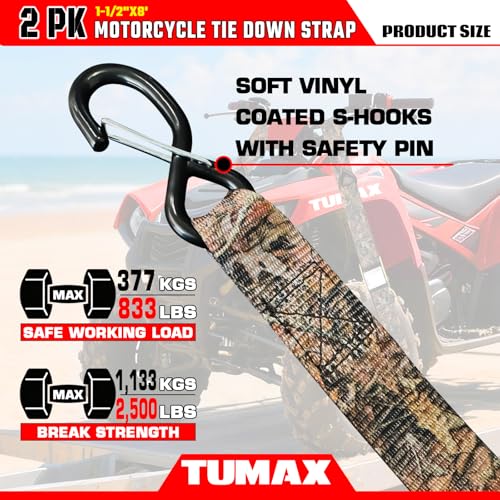 2 Pack Tie Down Straps with Cam Buckle - 2500lbs Break Strength, 1.5 Inch x 8 Feet Heavy Duty Camouflage Cargo Straps with Secure S-Hooks Latch, for Motorcycle, ATV, UTV, Dirt Bike and Trailer - color: Camouflage
