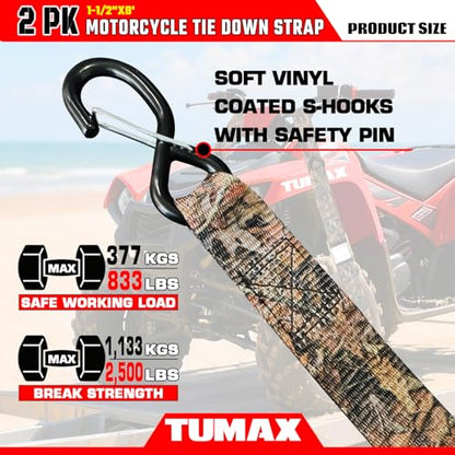 2 Pack Tie Down Straps with Cam Buckle - 2500lbs Break Strength, 1.5 Inch x 8 Feet Heavy Duty Camouflage Cargo Straps with Secure S-Hooks Latch, for Motorcycle, ATV, UTV, Dirt Bike and Trailer - color: Camouflage