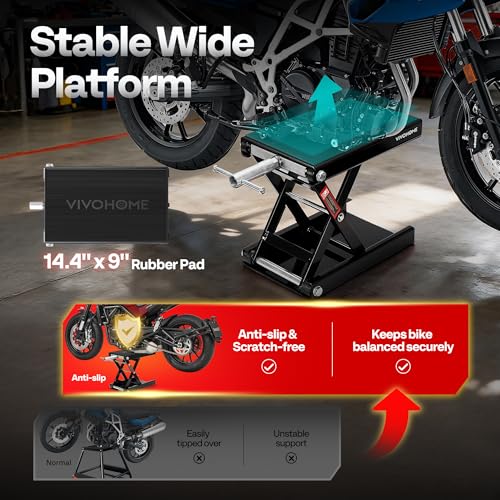 VIVOHOME 1100 LBS Motorcycle Lift Scissor Jack, Wide Deck Hoist Stand, Height Adjustable Center Stand with Crank, Steel Lift for Cruiser, Dirt Bike, ATV - Black - color: Black