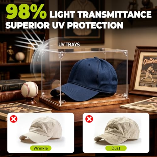 Hat Display Case, Clear Acrylic Baseball Cap Display Box Stand, UV Protection Signed Hat Transparent Showcase with Solid Wood Base Risers & Hat Shaper, Ideal Gift for Caps Collector - size: 13.9ln×4.8ln×1.4ln