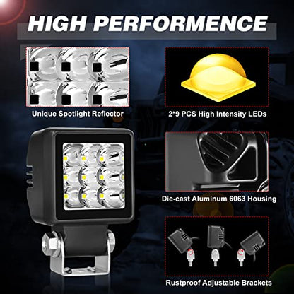 2 Inch Pod Lights 2PCS 54W Motorcycle Driving Fog Light Spot LED Work Light Bar Square LED Cubes Light Pods Reverse Lights for Offroad Jeep F150 Silverado Trucks UTV ATV Dirtbike Boats - color: White