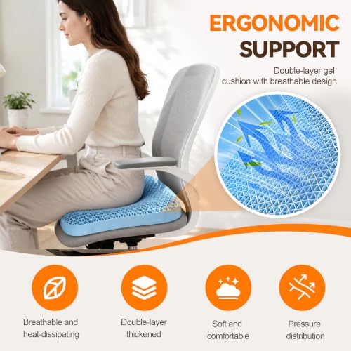 Slowell TPE Double Layer Gel Seat Cushion for Long Sitting - Enlarged Thickened Patent Design with Ergonomic Coccyx Support, Soft Breathable Cooling Non-Slip Bottom for Office Chair, Car, Wheelchair
