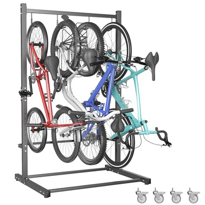 TORACK Garage Freestanding Hanging Bike Stand with Wheels, Heavy Duty Rolling 4 Bikes Vertical Bike Storage Stand Floor Bike Storage Rack - style: Bike stand for 4 bikes