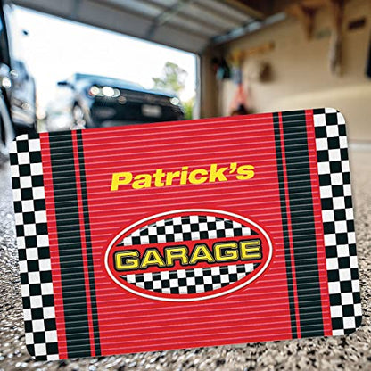 Lillian Vernon Checkered Flag Personalized Garage Mat - Custom Doormat for Man Cave, Work Shop, Auto, Motorcycle, & DIY Spaces, Non Slip Poly, Gifts for Dad, Grandpa, & Business, 18" x 26⅝"