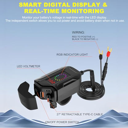 Motorcycle USB Charger, Retractable Type-C & Dual USB Fast Charging, Independent Switch, 3-in-1 SAE to USB Adapter with 1.5m Extension, LED Voltmeter, Waterproof for Dirt Bike, ATV, UTV