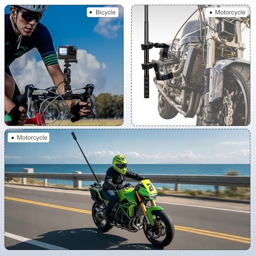 Motorcycle Camera Mount Kit Compatible for Insta360 X5-X Double Clamp with 47”Invisible Selfie Stick Bike Handlebar Holder Compatible with DJI Osmo Nano 360 Action Camera Cycling Video Boat Utv