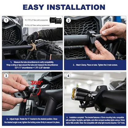 ZIDIYORUO Light Bar Mounts for UTV/Jeep/Truck - Fits 1.75" to 2.25" Big Roll Bars | 20-Position for 360° Rotation, Aluminum Alloy Brackets Durable Holding LED Light Bars & Cube Lights (2pcs)