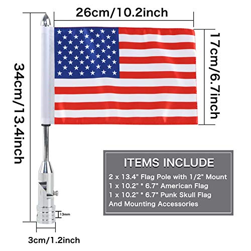 2X Motorcycle Foldable 90° Fag Flagpole Mount Fit for 1/2'' Tubular Luggage Rack For Harley Touring Spring Honda Goldwing etc with American Flag and Punk Skull Flag 6.7'' x 10.2'' Flag - color: US Flag+Punk Skull Flag