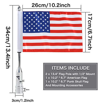 2X Motorcycle Foldable 90° Fag Flagpole Mount Fit for 1/2'' Tubular Luggage Rack For Harley Touring Spring Honda Goldwing etc with American Flag and Punk Skull Flag 6.7'' x 10.2'' Flag - color: US Flag+Punk Skull Flag