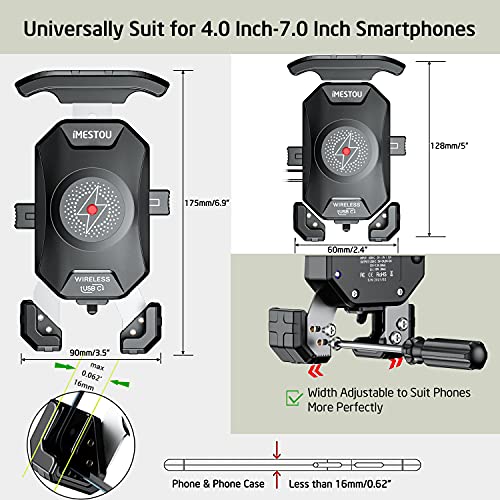 iMESTOU Anti-Theft Motorcycle Wireless Phone Mount Charger 15W & USB C 3A Handlebar 1" Ball Phone Holder Works with 12V/24V Vehicle/USB A Socket 720 Rotation Quick Charge for 4.0-7.0" Cellphones - style: Double Socket Arm-Wireless & USB C Charge