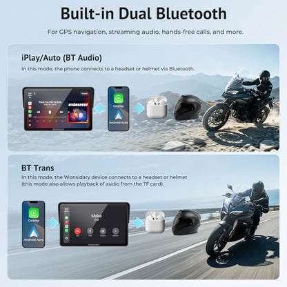 W722TPMS 7" Wireless Motorcycle CarPlay & Android Auto with TPMS,IP67 Waterproof Motorcycle GPS Touchscreen, Dual Bluetooth Audio,EQ, Light Sensor,USB/Acc Power for Riding - size: 7 Inch