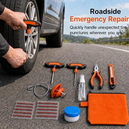 Flat Tire Repair Kit with Plugs 18 Pcs,Heavy Duty Sidewall Tire Repair Patch Tool Kit for Car,Motorcycle,ATV,UTV,SXS,Truck,Tractor,Parches para Llantas De Carro
