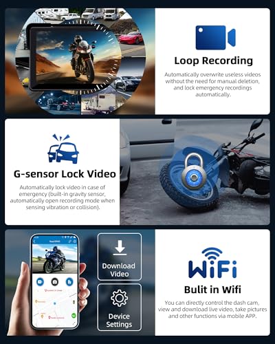 7 Inch Motorcycle Carplay Motorcycle w Dual 2K Dash Camera Wireless Apple Carplay Android Auto Screen with GPS Navigation for Motorcycles Voice Control Light Sensor Bluetooth IP67 Waterproof