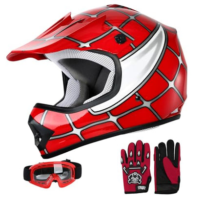 SLMOTO Dot YouthandKids Motocross Offroad Street Helmet Motorcycle Helmet Dirt Bike Motocross ATV Helmet+Goggles+Gloves Red Spider Design,Small - color: Red Spider, size: Small