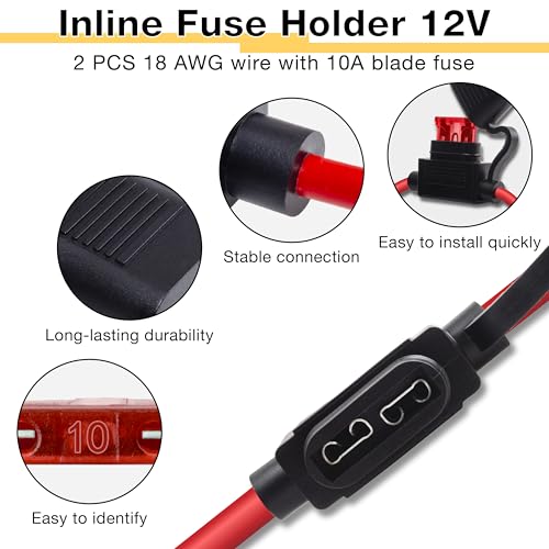 ecocstm 2 PCS Inline Fuse Holders 12V, 18 AWG Car Gauge Inline Fuses, Waterproof Fuse Holder with 10A ATC/ATO Standard Blade Fuses for Automotive, Marine, Golf Cart Lighting, Electrical Circuits - size: 2 PCS 18AWG