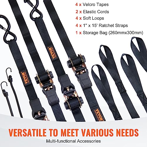 VEVOR Ratchet Tie Down Straps (4PK), 2200 lb Break Strength, 1" x 15' Heavy Duty Ratchet Tie Down Strap Set with Padded Handles, Coated S Hook, Soft Loop for Moving Appliances Motorcycle ATV Truck