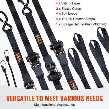 VEVOR Ratchet Tie Down Straps (4PK), 2200 lb Break Strength, 1" x 15' Heavy Duty Ratchet Tie Down Strap Set with Padded Handles, Coated S Hook, Soft Loop for Moving Appliances Motorcycle ATV Truck