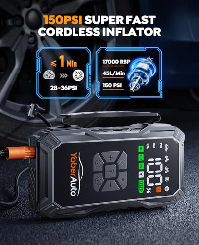 YaberAuto 10-in-1 Jump Starter with Air Compressor 6000A 150PSI Car Battery Jump Starter (All Gas/10L Diesel) 12V Jump Box Car Battery Jumper Starter Portable Jumper Cables, 150W DC, Gloves, Lights - size: 6000A