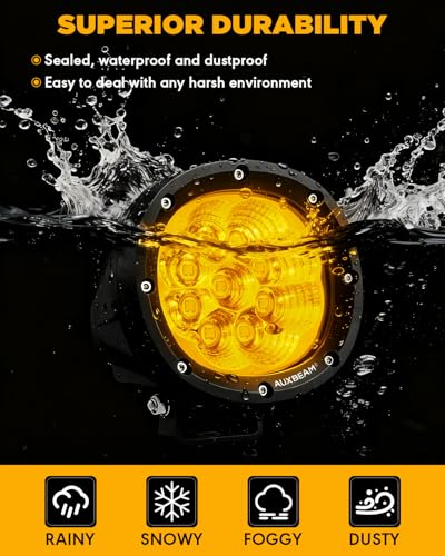 Auxbeam 4 Inch Amber Round LED Driving Light, 2PCS 90W 9000LM Yellow Fog Pods Light Bar Off-Road Flood Work Energy-Efficient Lights with DT Plug Wiring Harness Kit for Truck Jeep Pickup ATV UTV SUV - color: P4 Series-Amber Flood Beam