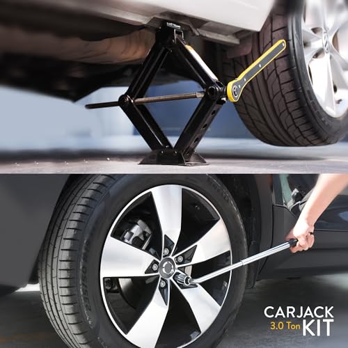 Car Jack Kit 3 Ton (6,600 lbs) | Scissor Jack for Car - Tire Jack Tool Kit | Portable, Ideal for SUV and Auto - Universal Kit with Lug Wrench | Heavy Duty Material - size: Car Jack Kit 3 Ton + Lug Wrench
