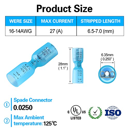 100 PCS 16-14 AWG Waterproof Heat Shrink Quick Disconnect Connectors, Crimp Electrical Wire Female Spade Connectors Insulated Disconnect for Marine Automotive Motorcycle Home Wiring (Blue) - size: [16-14 AWG] Female x 100