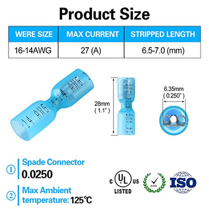 100 PCS 16-14 AWG Waterproof Heat Shrink Quick Disconnect Connectors, Crimp Electrical Wire Female Spade Connectors Insulated Disconnect for Marine Automotive Motorcycle Home Wiring (Blue) - size: [16-14 AWG] Female x 100