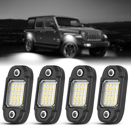 4 Pods White Rock Lights 24 LEDs Chips Waterproof Neon Trail Rig Lamp Underglow Light for Car Truck Motorcycle SUV ATV UTV (White) - color: White