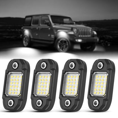 4 Pods White Rock Lights 24 LEDs Chips Waterproof Neon Trail Rig Lamp Underglow Light for Car Truck Motorcycle SUV ATV UTV (White) - color: White
