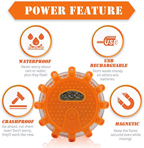 Ecoangel USB Rechargeable LED Road Flares Emergency Lights-Roadside Warning Car Safety Beacon Flashing Disc Flare Kit with Magnetic Base for Vehicles & Boat | 3 Beacon Disc Pack - color: 3