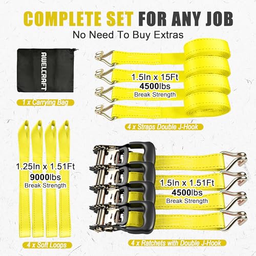 AWELCRAFT Ratchet Straps Heavy Duty 4 Pack,4500lbs Breaking Strength,1.5in×15ft Tie Down Ratcheting Strap with Padded Handles, Double J Hooks & Soft Loops for Motorcycle,Trailer & Trucks (Yellow) - color: Yellow