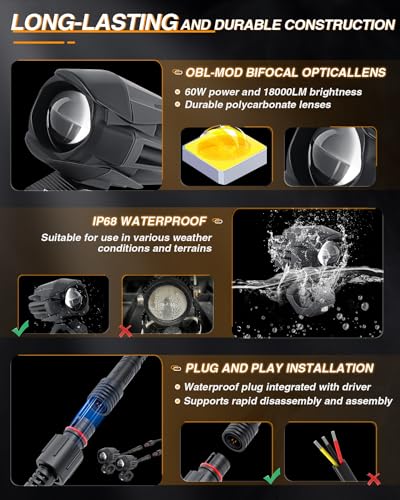 BraveWAY Motorcycle Fog Lights 60W 18000LM 9 Modes Strobe LED Driving Spotlight Auxiliary with Amber White Dual Color Offroad Aux Light Plug and Play Wiring Harness Kit and 2 Mounting Brackets - color: Moto-F1-1 LENS