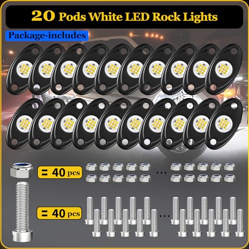 20 Pods White Rock Lights, Heefrole IP68 Waterproof Shakeproof Wide Angle Anti-Corrosion Pure White LED Rock Lights for Trucks Jeep UTV ATV SUV Boat Underglow Lighting Kit - size: 20 Pods