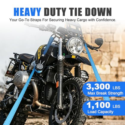 AWELCRAFT Ratchet Straps(4 Pack),3300lb Breaking Strength,1.5in×10ft Heavy Duty Tie Down Ratcheting with Padded Handles,Double J Hooks & 4 Soft Loops for Trailer,Trucks,Motorcycle(Blue) - color: Blue