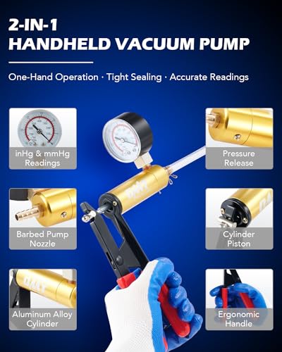 Orion Motor Tech Brake Bleeder Kit with Hand Pump and Pressure Gauge, Hand Vacuum Pump with Brake Bleeder Bottle Adapters Case & Gloves for One Person Brake Fluid Power Steering Fluid Bleeding - color: Black