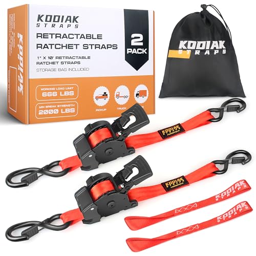 Retractable Ratchet Straps 1" x 10ft, 1,800lb Break Strength, Heavy Duty Easy Release Tie Down for Trucks, Trailers, Motorcycles, ATVs, Secure Cargo KODIAK STRAPS (Red, 2Pack) - color: Red, size: 1INCH*2PACK