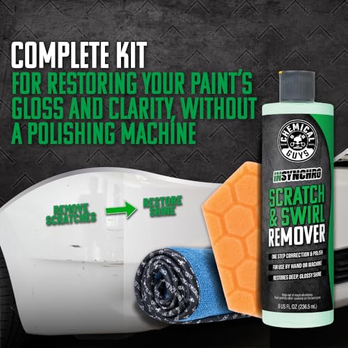 Chemical Guys Insynchro Scratch & Swirl Remover (8 oz) - Kit with Hex Logic Dual Sided Hand Polishing Pad and Monster Extreme Microfiber Towel for Paint Restoration and Gloss Enhancement - style: 8 Fl Oz + Pad & Towel Kit