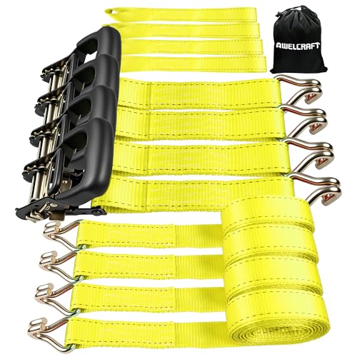 AWELCRAFT Ratchet Straps Heavy Duty 4 Pack,4500lbs Breaking Strength,1.5in×15ft Tie Down Ratcheting Strap with Padded Handles, Double J Hooks & Soft Loops for Motorcycle,Trailer & Trucks (Yellow) - color: Yellow