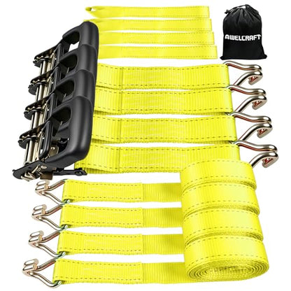 AWELCRAFT Ratchet Straps Heavy Duty 4 Pack,4500lbs Breaking Strength,1.5in×15ft Tie Down Ratcheting Strap with Padded Handles, Double J Hooks & Soft Loops for Motorcycle,Trailer & Trucks (Yellow) - color: Yellow