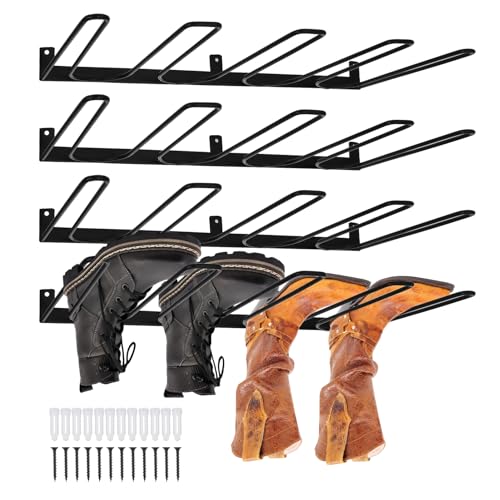 4 Pack Boot Rack Wader Hangers Wall Mount Holds 8 Pairs, Organizer Hanging Metal Tall Holder for Cowboy Garage Storage Closet Entryway Outdoor Drying, Black