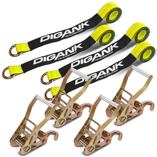 Car Tie Down Straps (4PK) with J Finger Hook Lasso Ratchet Strap 2 Inch x 96 Inch- for Any Car, SUV, Jeep or Sports Car - color: Yellow