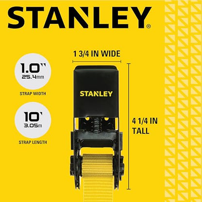 STANLEY S9500 Black/Yellow 1" x 10' Ratchet Straps - Light Cargo (300 lb Working Load / 900 lb Break Strength), 4 Pack - size: 1" x 10'